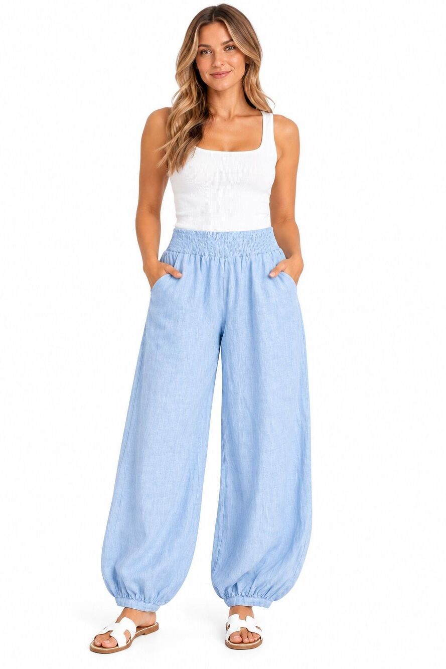 NWT LINTICO Talia 100% Linen Blue Elastic Waist Pants Women’s Medium New